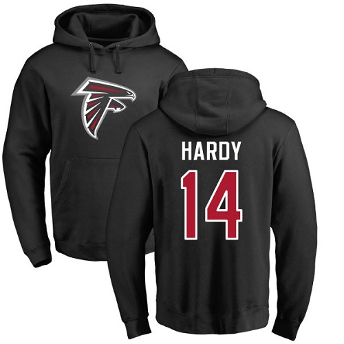 Atlanta Falcons Men Black Justin Hardy Name And Number Logo NFL Football #14 Pullover Hoodie Sweatshirts